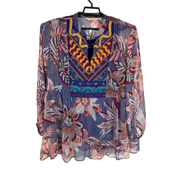 Soft Surroundings Women's Plus 1X Chiffon Tunic + Tank Embroidered Blue Multi Fl - Picture 1 of 12